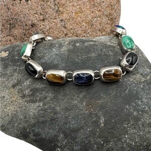 Mexico Heavy 950 Sterling Silver Onyx Malachite Multi Stone Link Bracelet 7 1/8